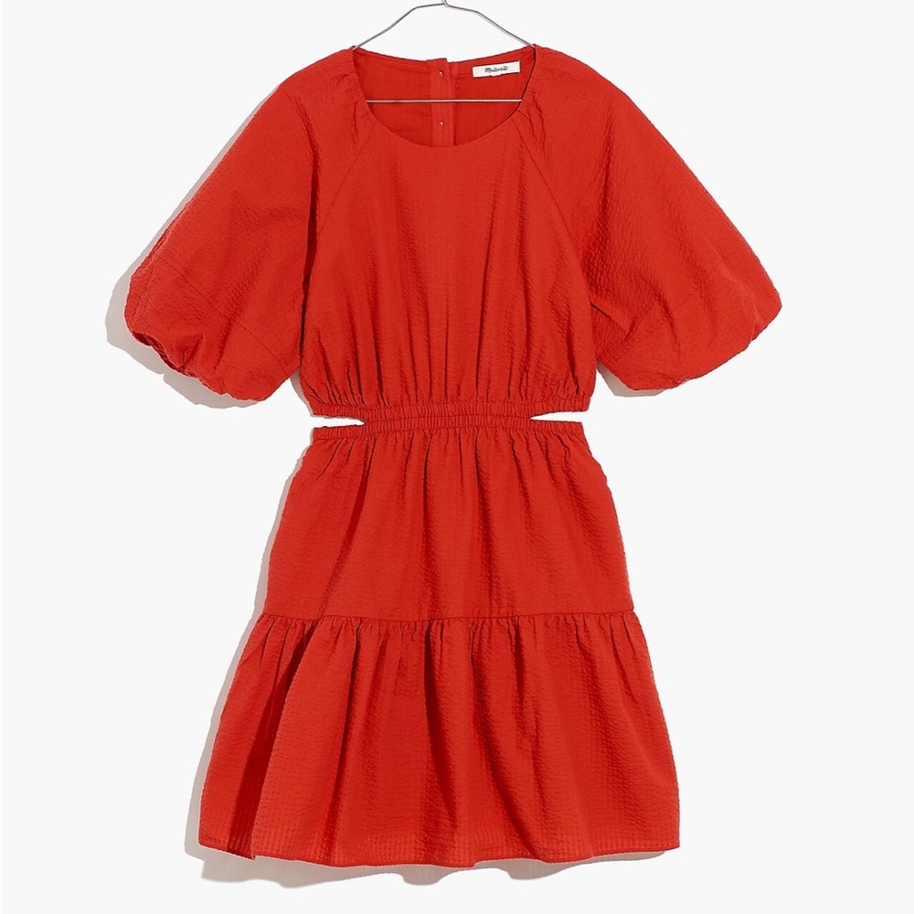 Madewell NWT Seersucker Puff-Sleeve Cutout Mini Dress sz XS in Red